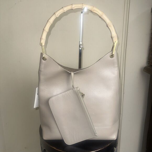 Authentic GUCCI Bamboo Handle Beige/Tan Leather Shoulder Bag Attached Pochette - Picture 1 of 12